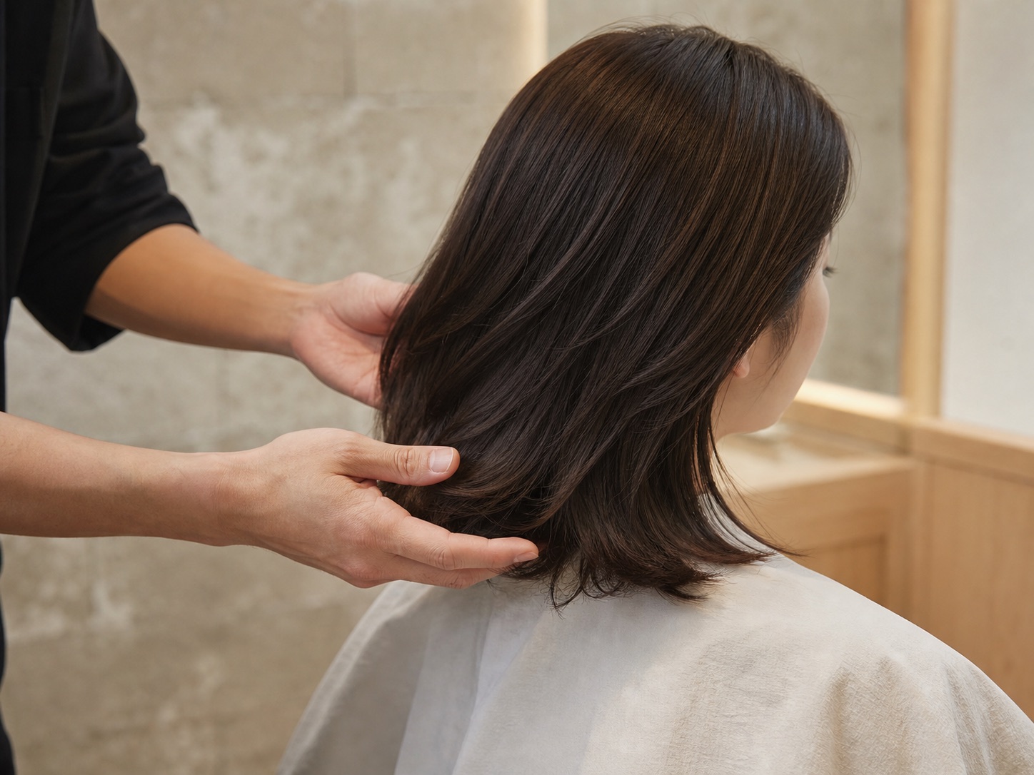 施術後の髪の質感を確認するスタイリスト
