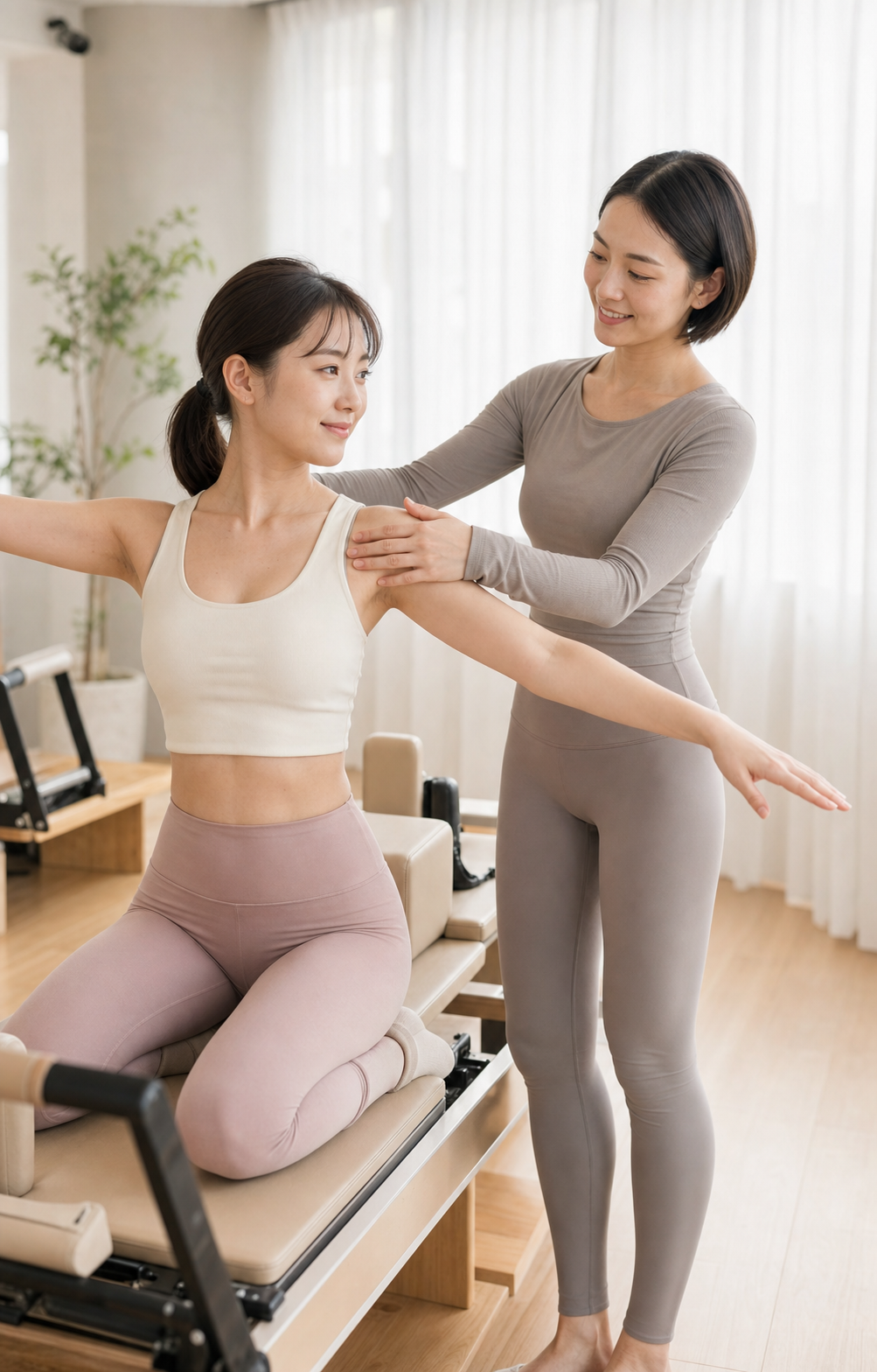 女性インストラクターが笑顔で姿勢をサポートする初回レッスン