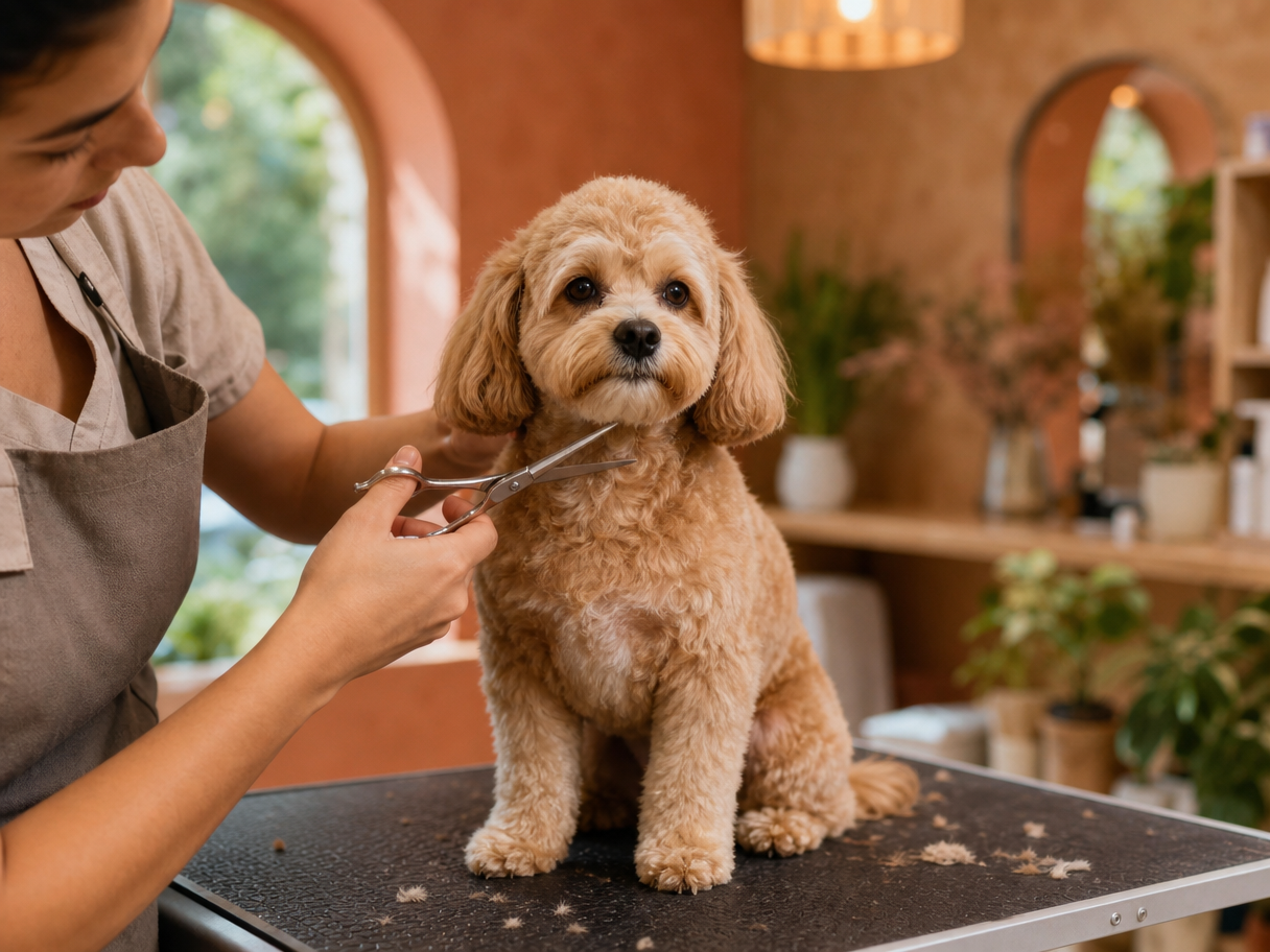 犬の表情を確認しながら仕上げるトリマー