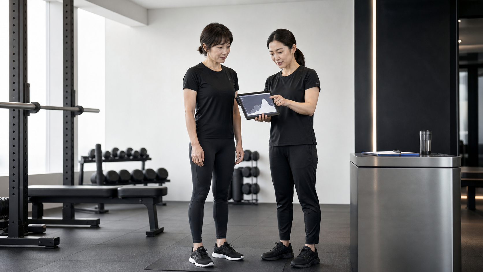 タブレットを使ってフィットネスチェックの結果を説明するトレーナー