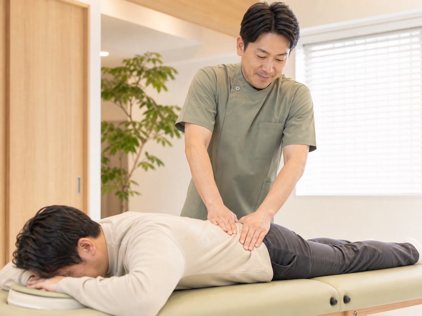 うつ伏せで腰まわりの施術を受ける患者さま