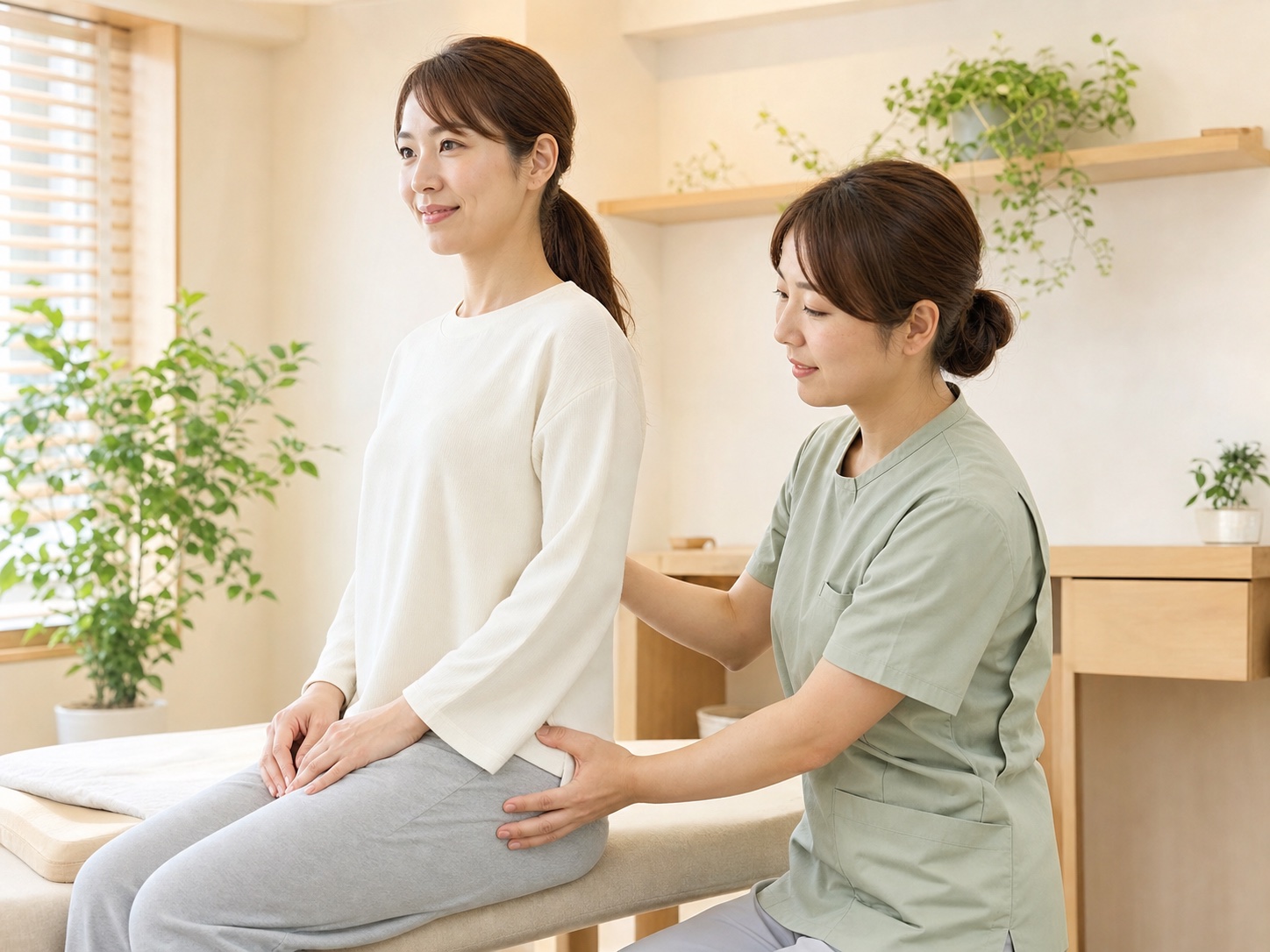 座った状態で骨盤まわりのバランスを確認する女性スタッフ