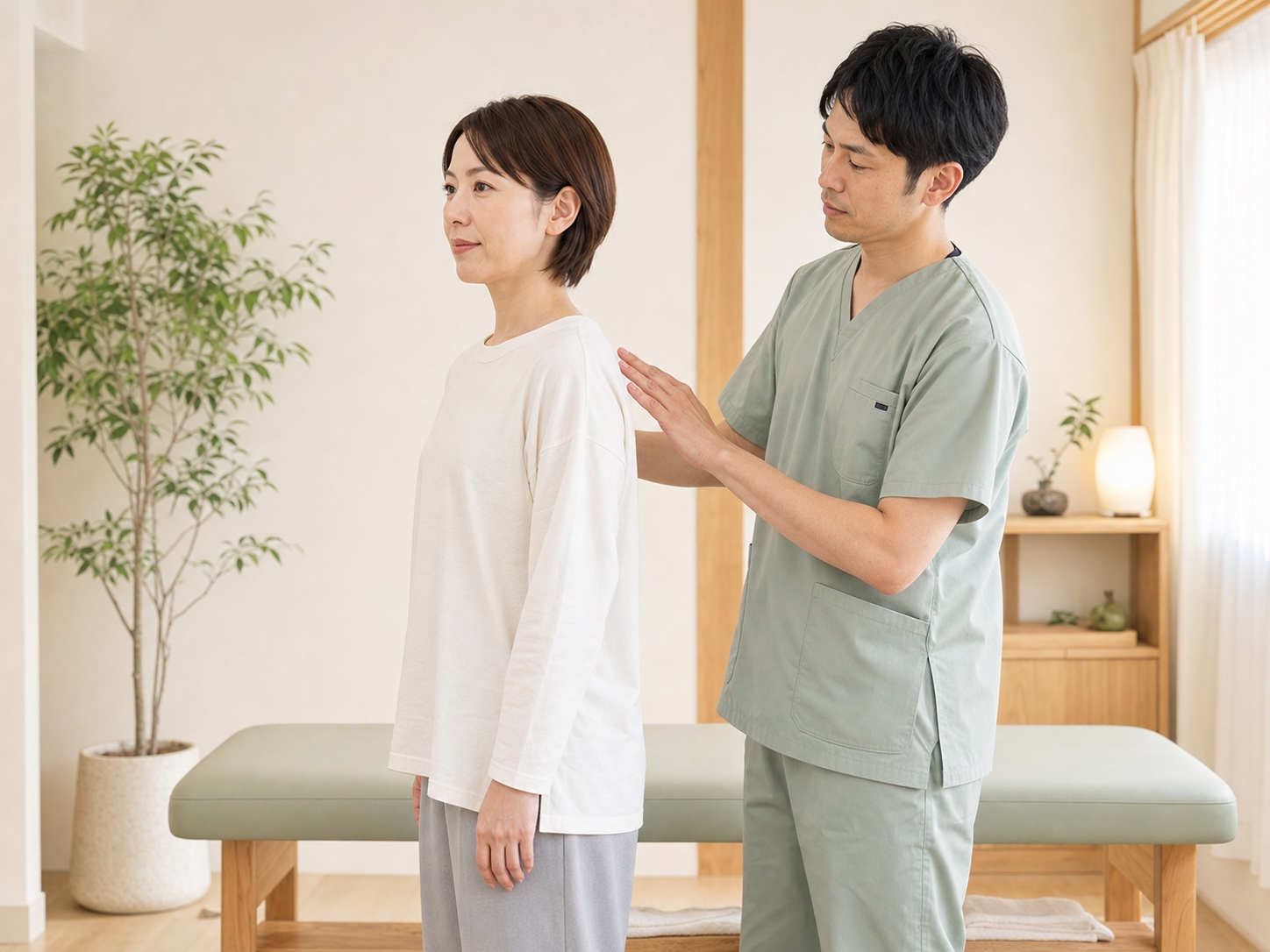 立ち姿勢と肩のバランスを確認する施術スタッフ