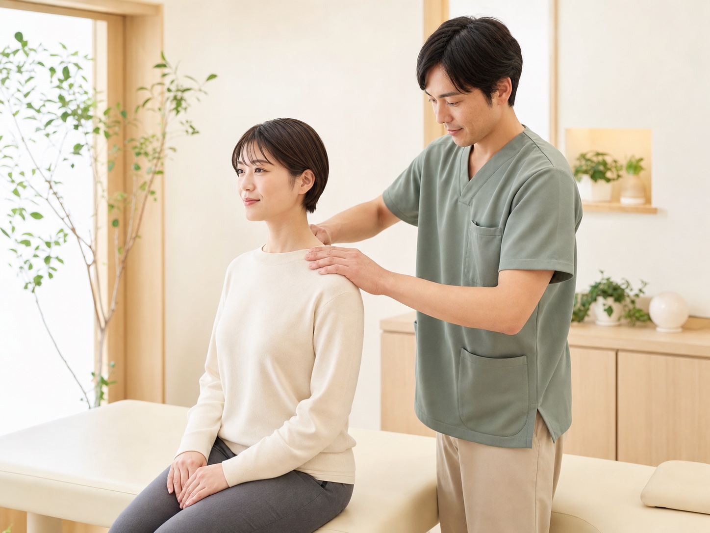 座った状態で肩まわりを丁寧に確認する施術スタッフ